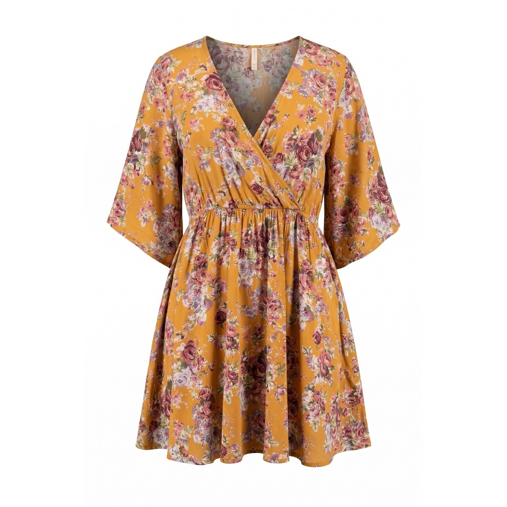 Xhilaration Mustard Yellow Floral Wrap Mini‎ Dress XXL Kimono Sleeve Boho Rayon